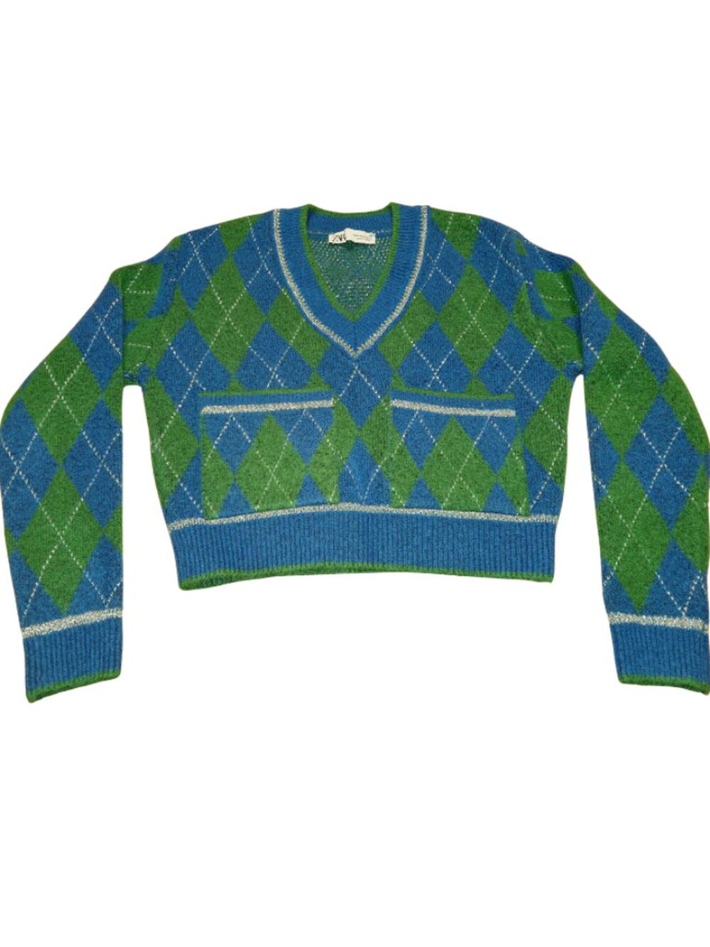 Zara Metallic Thread Argyle Knit Sweater Size Medium